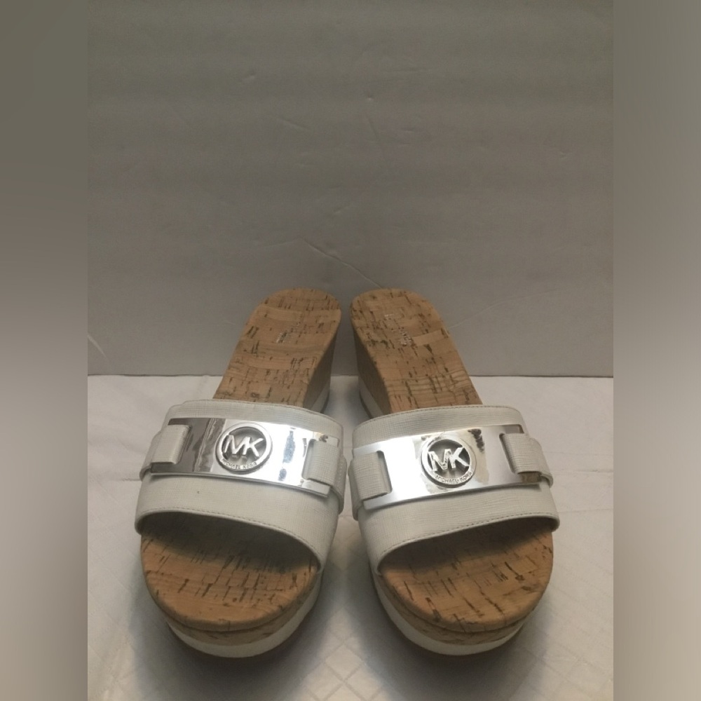 Michael Kors White Slide Wedge Sandals with Silver Logo - Picture 14 of 16